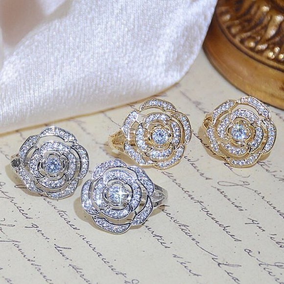 💥 Silver Plated Diamond CZ Elegant Rose Flower Stud Earrings Women, HA4508 - Picture 2 of 4